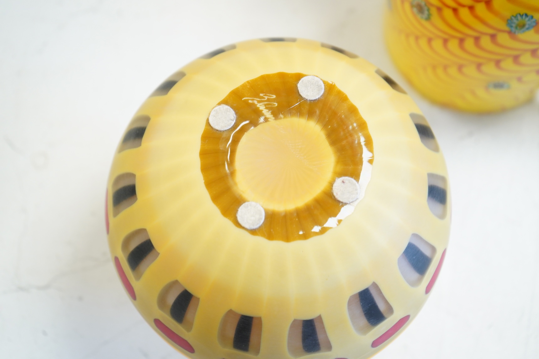 A contemporary glass Kama teapot sculpture - 22cm high and two studio glass vases, one indistinctly signed